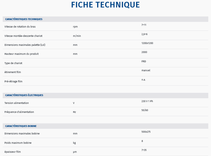 Fiche technique machine horizontale pour film etirable robopac compacta 4