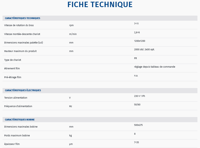 Fiche technique machine horizontale pour film etirable robopac compacta 4